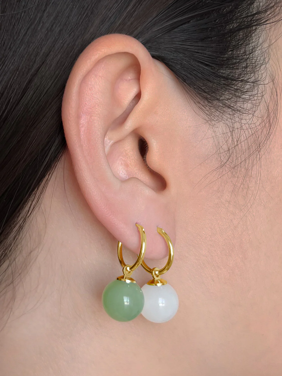 Green Jade Ball Hoops, S925 - Gold - Image 3