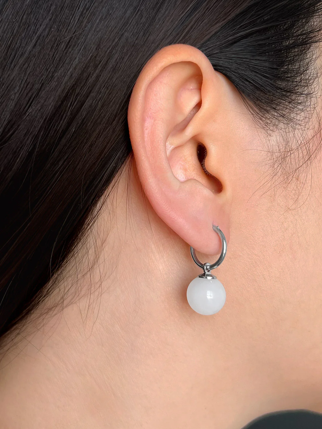 White Jade Ball Hoops, S925 - Silver - Image 3