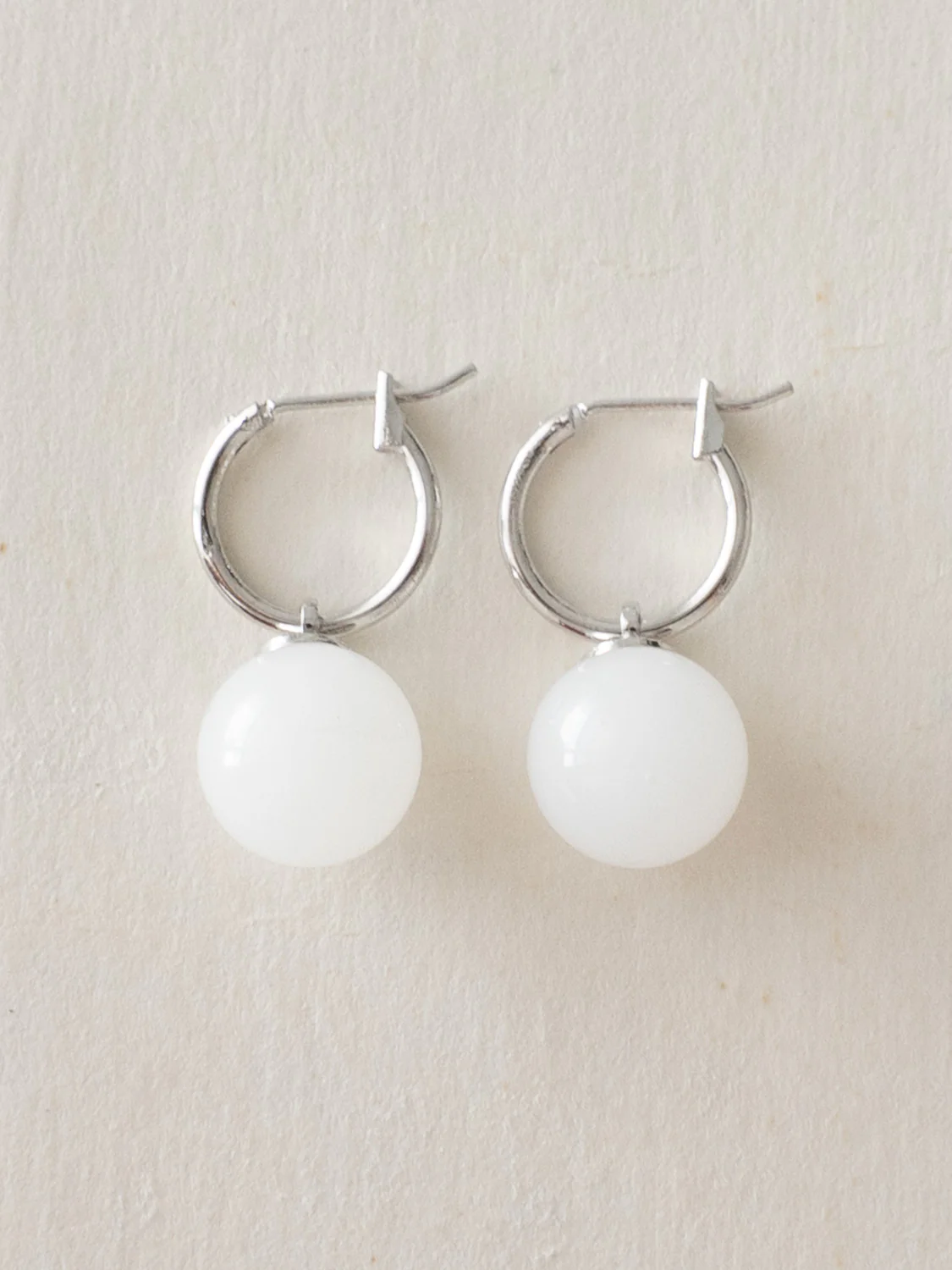 White Jade Ball Hoops, S925 - Silver - Image 4