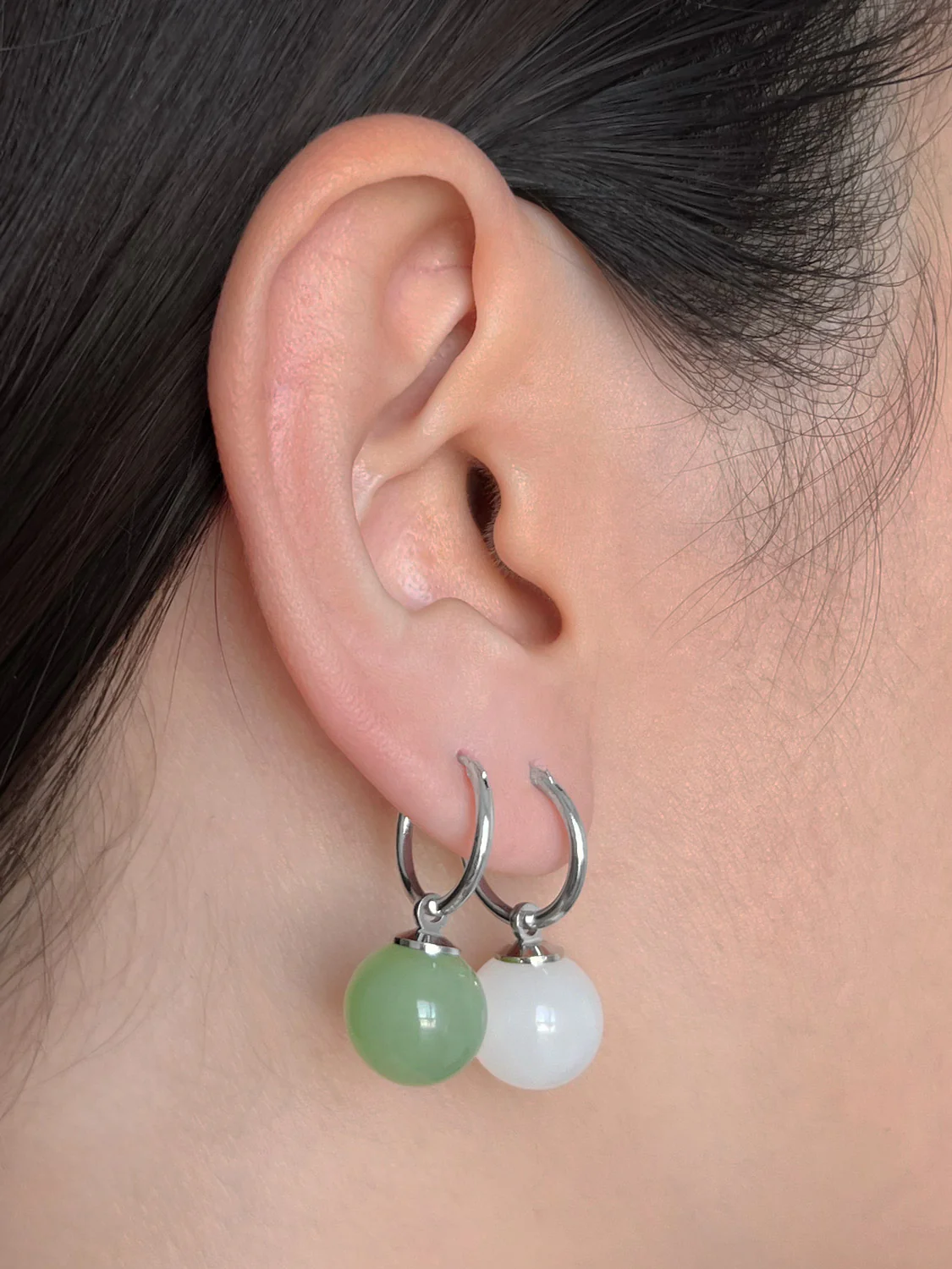 White Jade Ball Hoops, S925 - Silver - Image 5